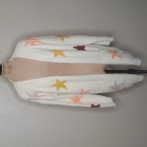 DAVI & DANI Sweaters - Davi & Dani Star Print Fuzzy Cardigan Ivory Pink Yellow Medium